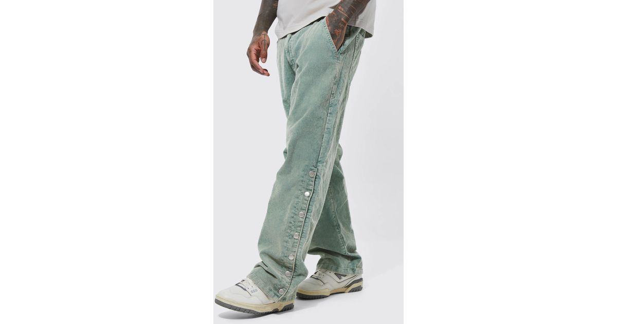 BoohooMAN Acid Wash Relaxed Fit Popper Cord Pants in Green for Men Lyst