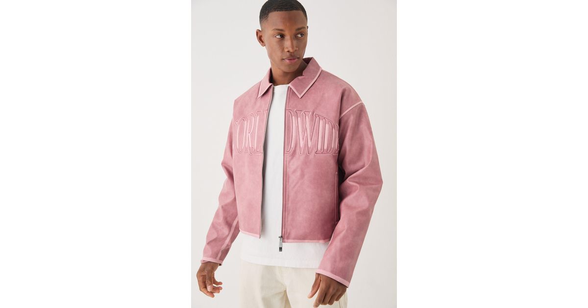BoohooMAN Boxy Tumble Pu Applique Harrington Jacket In Pink for 