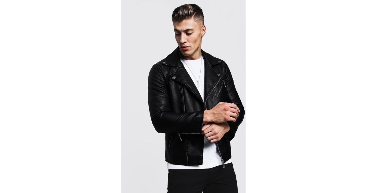 Boohooman Faux Leather Biker Jacket In Black For Men Lyst