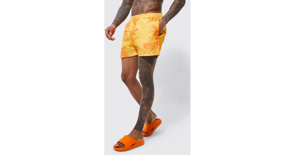 BoohooMAN Short Length Palm Swim Shorts in Orange for Men Lyst