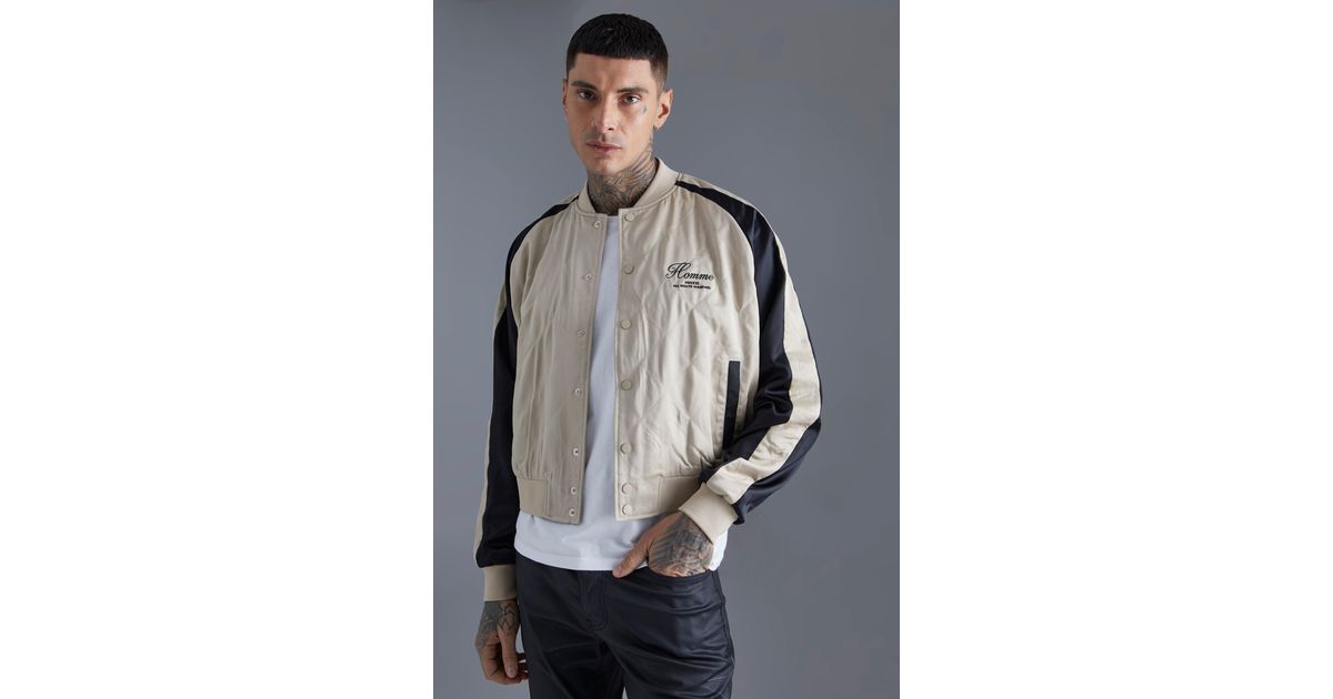 Boohoo Homme Boxy Quilted Satin Souvenir Jacket in Gray | Lyst