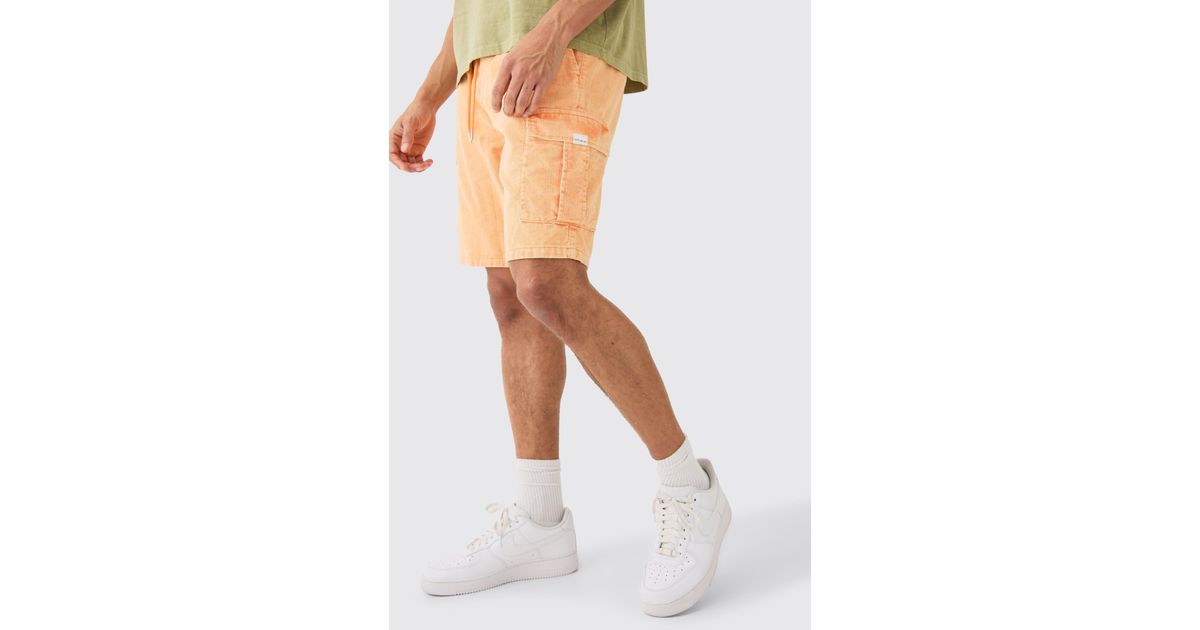 BoohooMAN Elastic Waist Relaxed Acid Wash Cord Cargo Short In Orange for Men Lyst