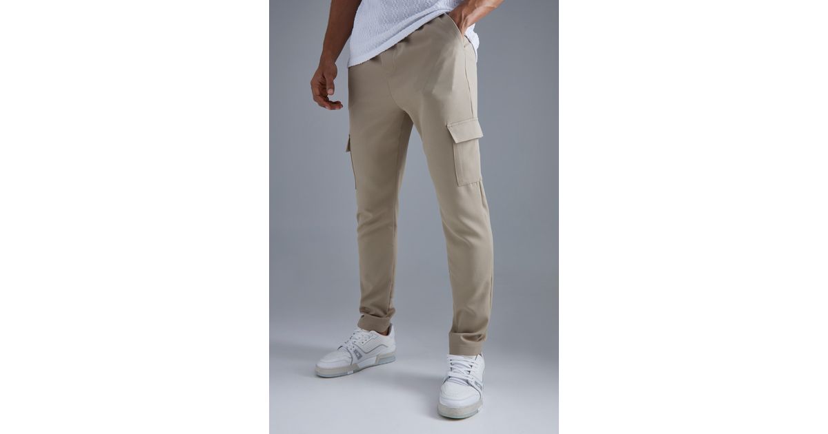 BoohooMAN Elastic Waist Skinny Stretch Cargo Trouser in Gray for Men | Lyst