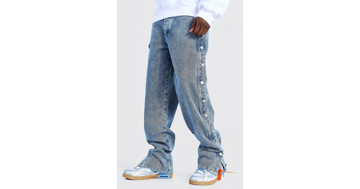 BoohooMAN Denim Relaxed-Fit Jeans mit seitlicher Knopfleiste in Blau für  Herren - Lyst