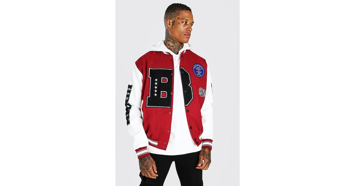 BoohooMAN B Varsity Patch Bomber With Leather Look Sleeves in Red for