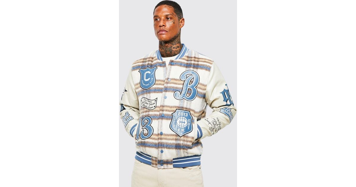 BoohooMAN Flannel Check Members Club Varsity Jacket in Blue (Gray) for