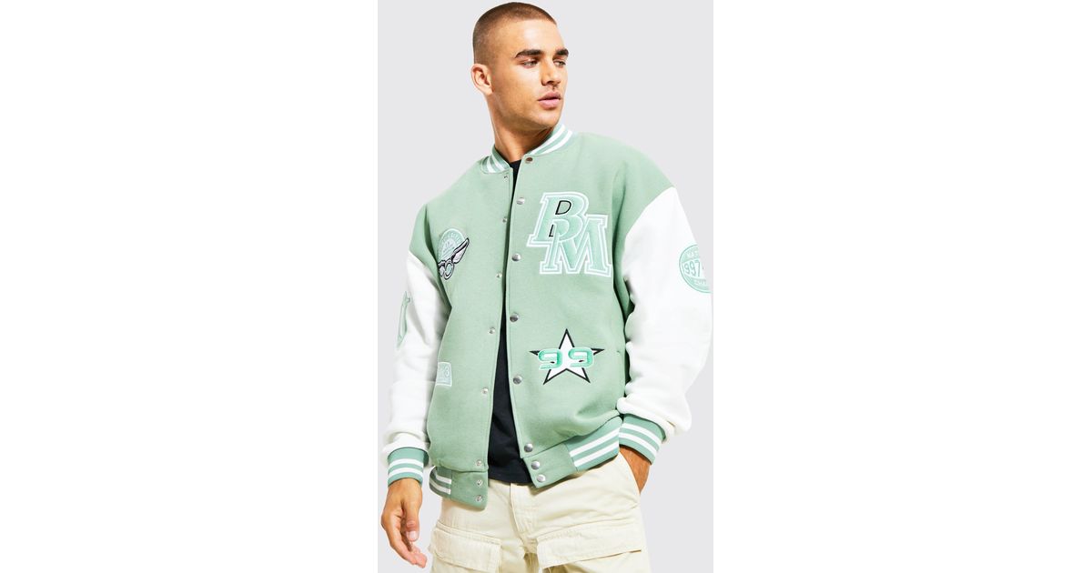 BoohooMAN Members Club Applique Varsity Jacket in Green for Men Lyst