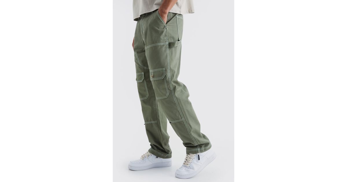 BoohooMAN Relaxed Carpenter Cargo Contrast Stitch Trouser in Green for Men