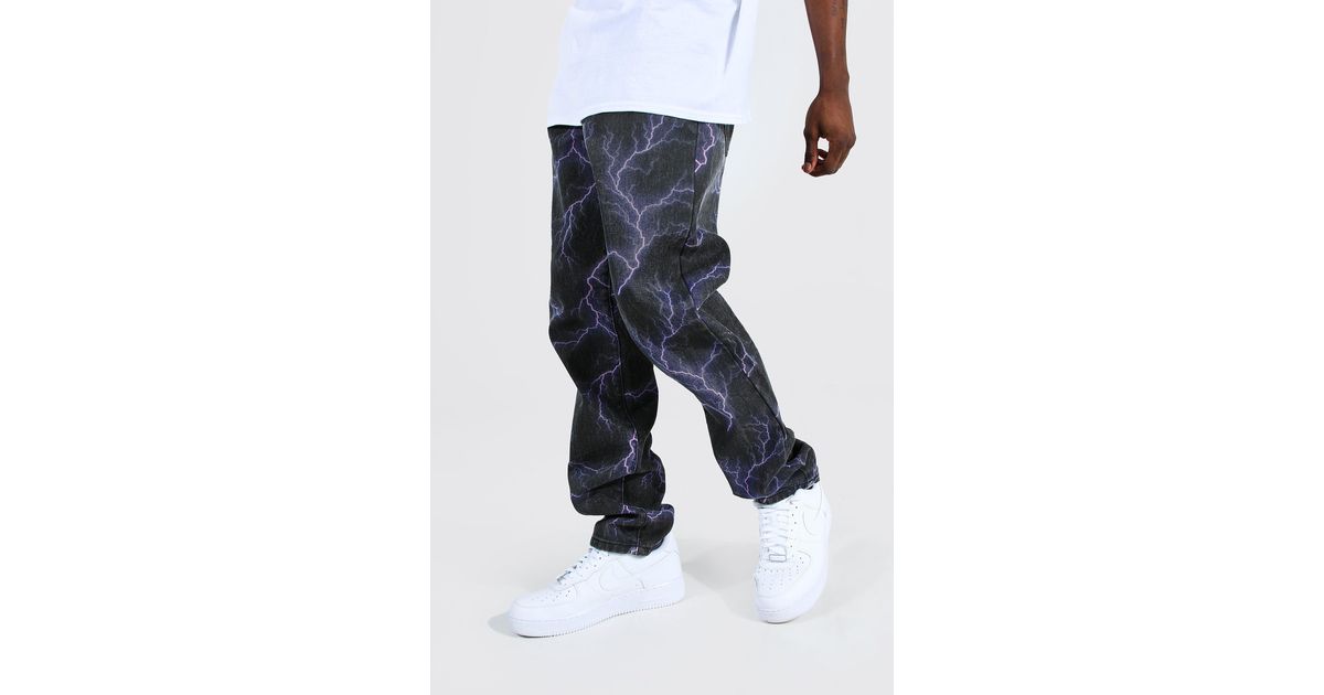BoohooMAN Relaxed Fit Lightning Printed Jeans in Purple for Men | Lyst