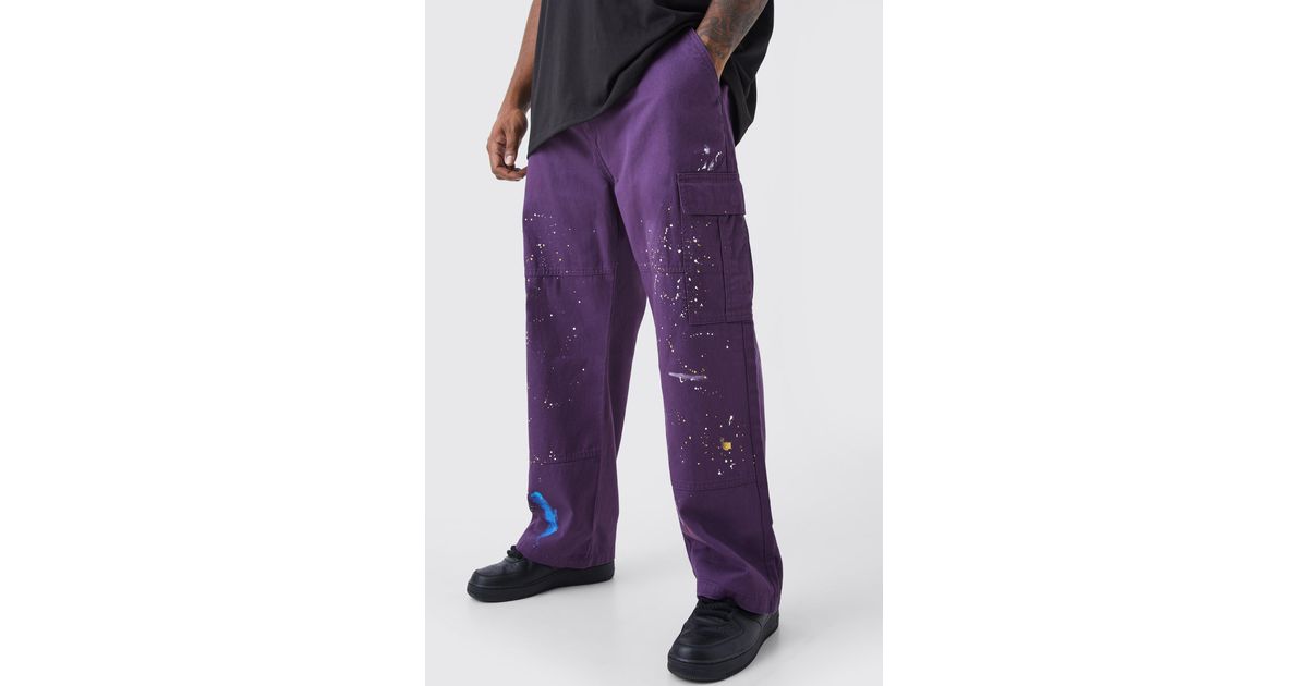 Boohoo Plus Straight Leg Cargo All Over Paint Splatter Trouser in Purple