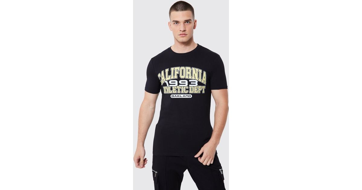 BoohooMAN Tall Muscle Fit California Varsity Tshirt in Black for Men