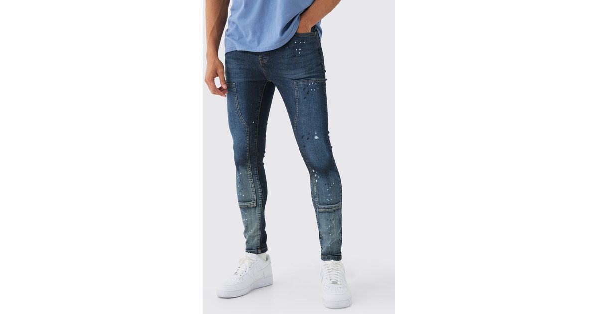 BoohooMAN Super Skinny Stretch Carpenter Paint Splatter Jean In Blue