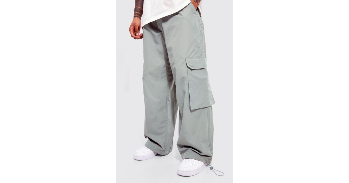 BoohooMAN Elastic Waist Parachute Cargo Trouser in Gray for Men Lyst