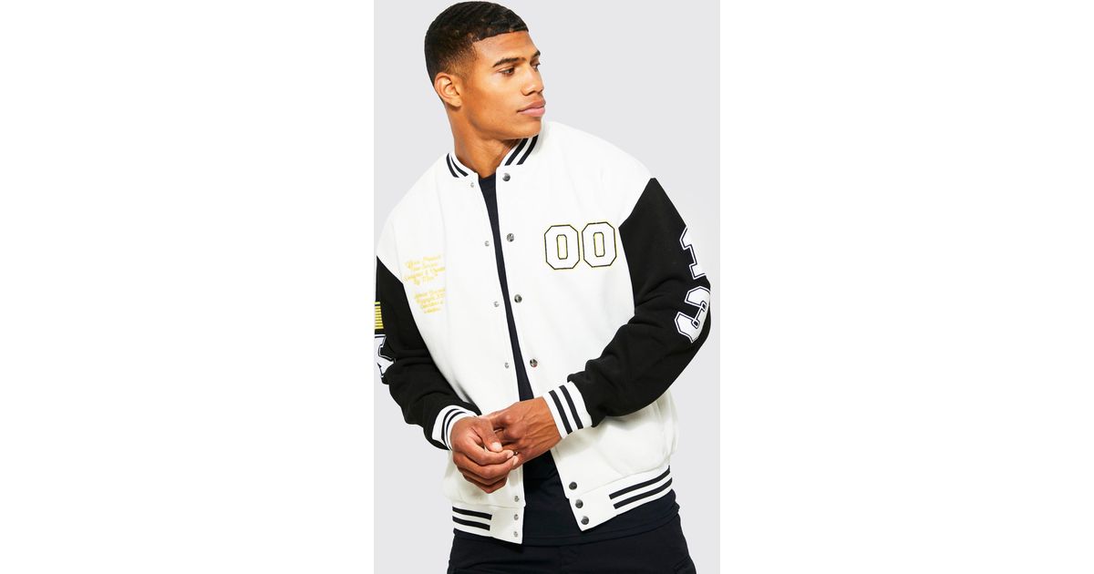 BoohooMAN Jersey Varsity Bomber Jacket With Badges in White for Men Lyst