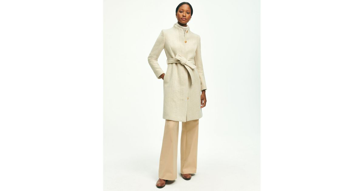 Brooks Brothers Wool Blend Belted Funnel Neck Coat in Natural | Lyst