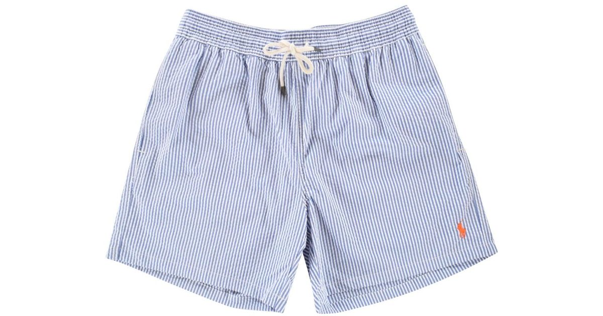 blue and white striped swim shorts