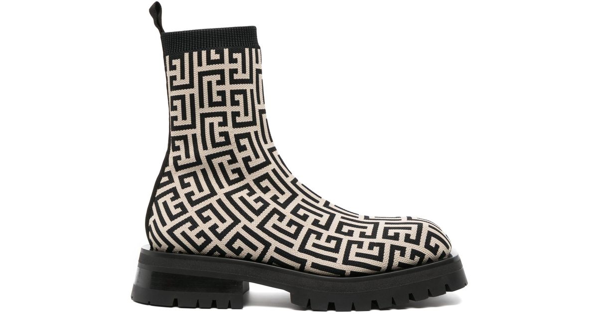 Balmain And Ivory Jacquard Knitted Ankle Boot With Monogram in Black | Lyst