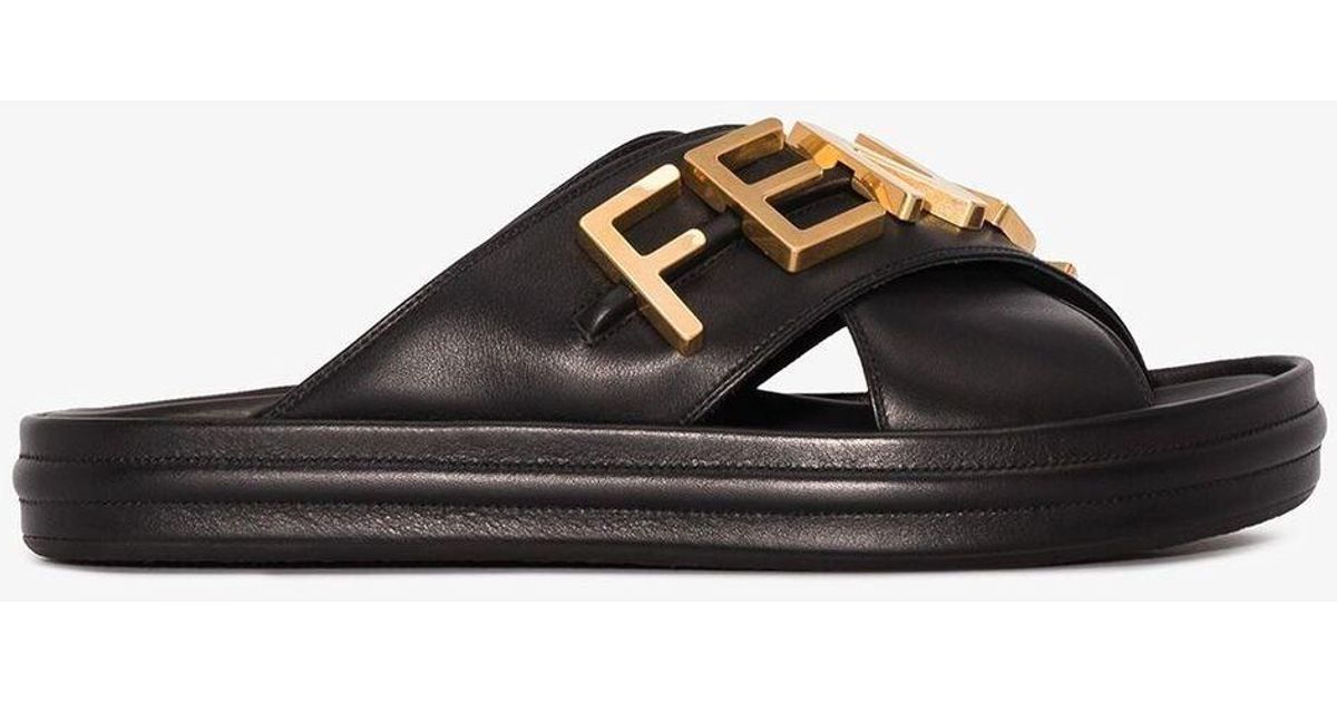 Fendi Black Graphy Leather Sandals | Lyst