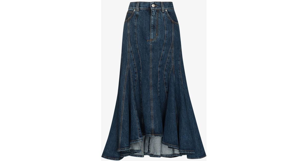 McQueen Panelled Denim Midi Skirt in Blue | Lyst
