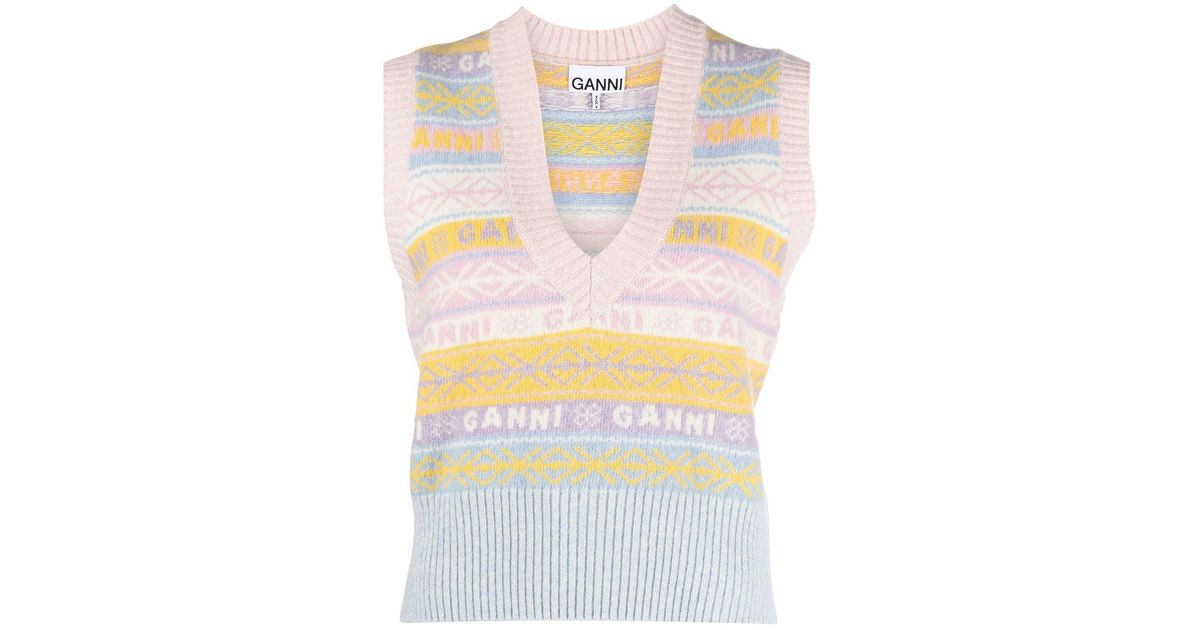 Ganni Multicoloured Striped Logo Knit Vest in Pink | Lyst