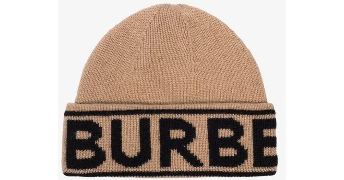 Burberry Neutral Logo Intarsia Cashmere Beanie Hat in Natural | Lyst
