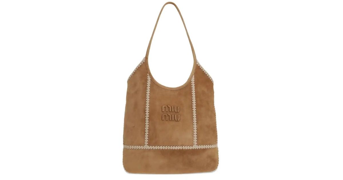Miu Miu Ivy Suede And Crochet Bag in Brown | Lyst UK