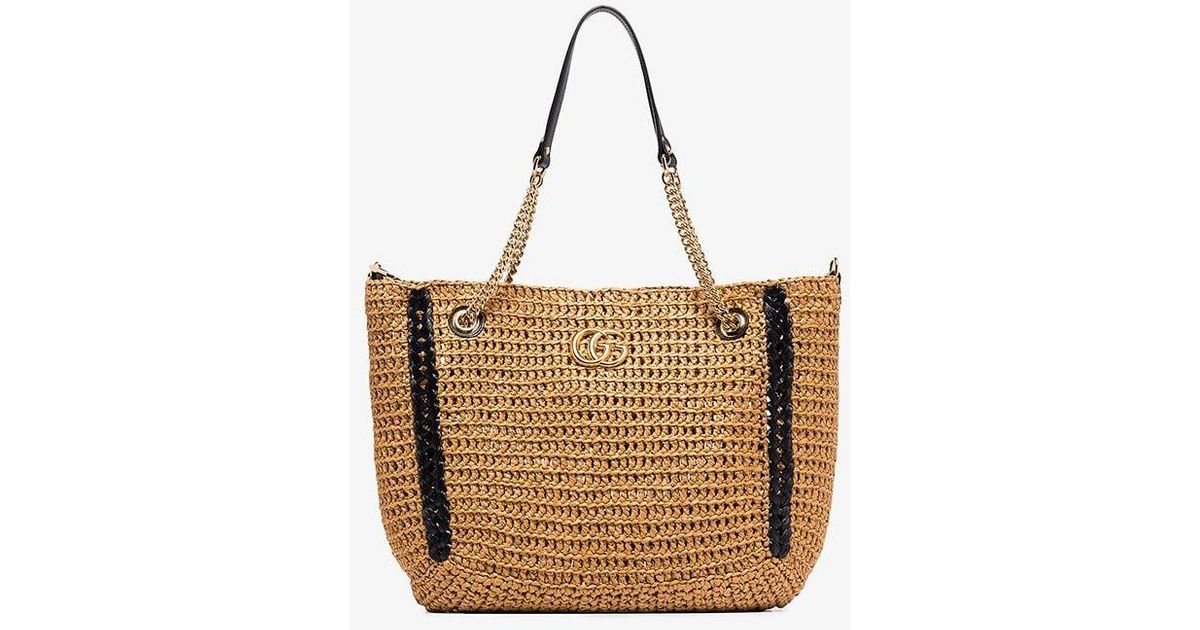 Gucci Large Raffia Marmont Tote Bag in Brown Lyst