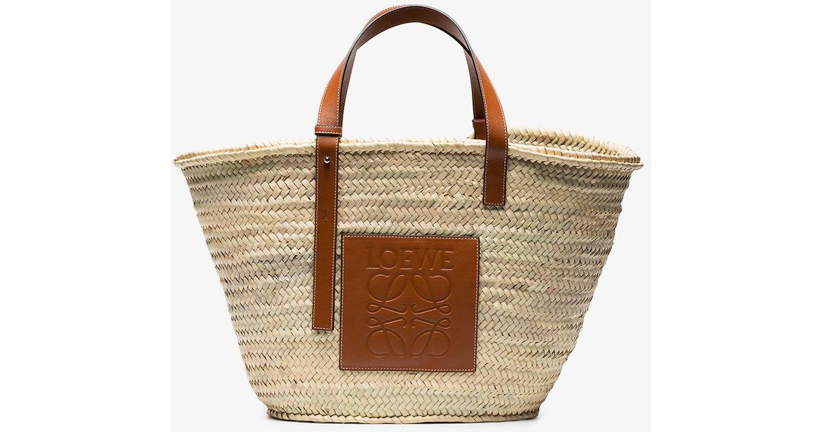 Loewe Large Logo Raffia Basket Bag With Leather Trim in
