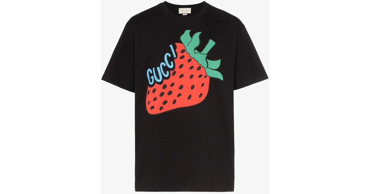 Gucci Strawberry Logo Cotton T-shirt in Black for Men | Lyst