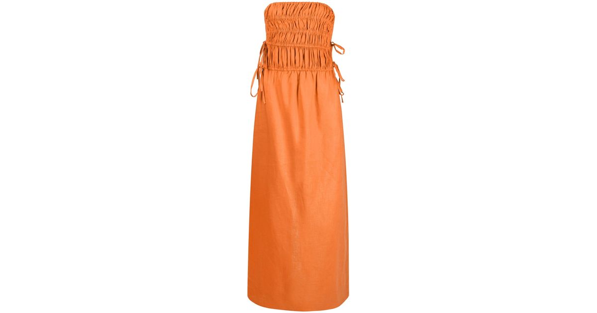 Peony Ruched Strapless Linen Dress in Orange | Lyst