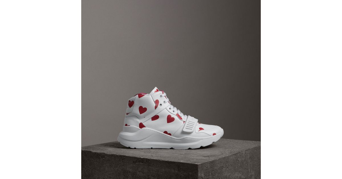 Heart Print Leather High-top Sneakers 