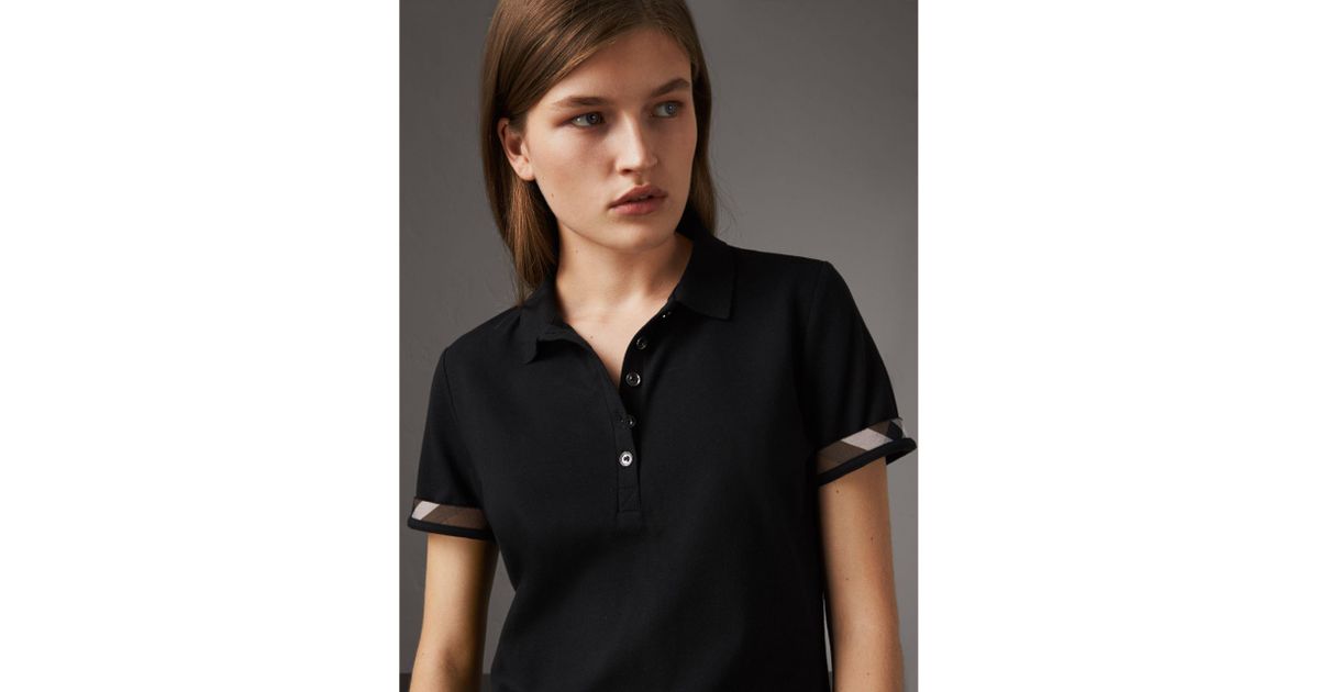 Burberry Check Trim Stretch Cotton Piqué Polo Shirt Black | Lyst