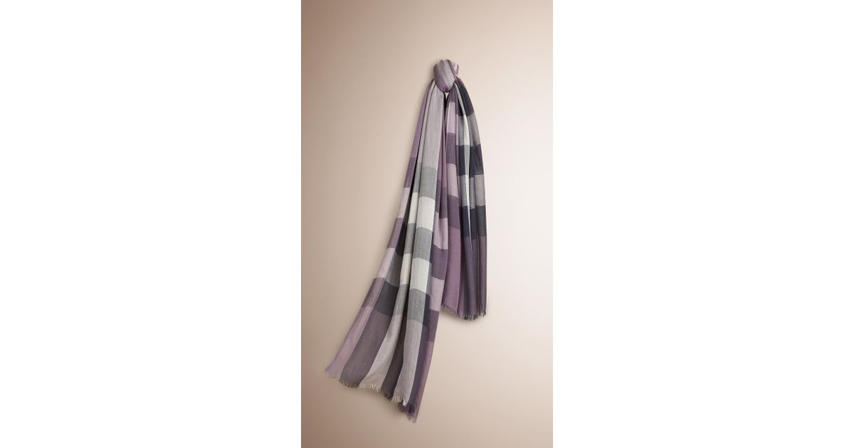 Burberry Check Modal Cashmere And Silk Scarf Lilac in Purple | Lyst