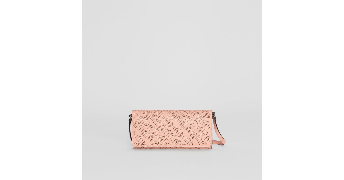 perforated logo leather wallet with detachable strap