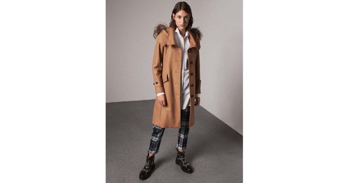 Burberry Hooded Wool Blend Coat With Detachable Fur Trim ...