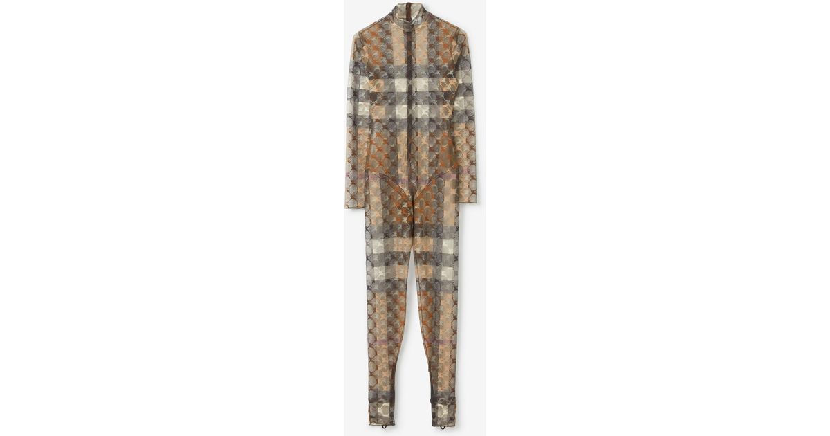 Burberry Ekd Check Stretch Tulle Turtleneck Jumpsuit in Natural | Lyst ...