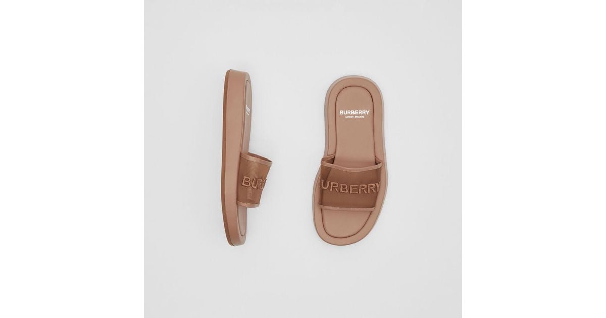 Burberry Embroidered Logo Mesh And Leather Slides in Camel 