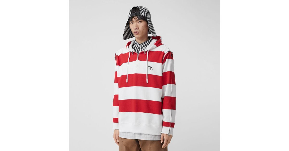 Burberry Zip Detail Striped Cotton Hoodie in Red for Men | Lyst