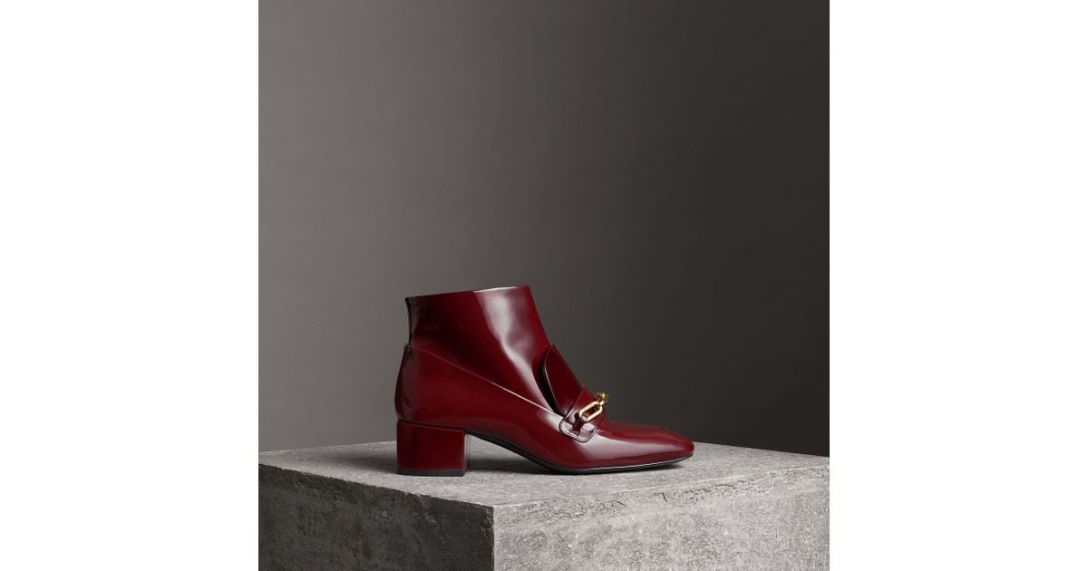 burberry link detail patent leather ankle boots