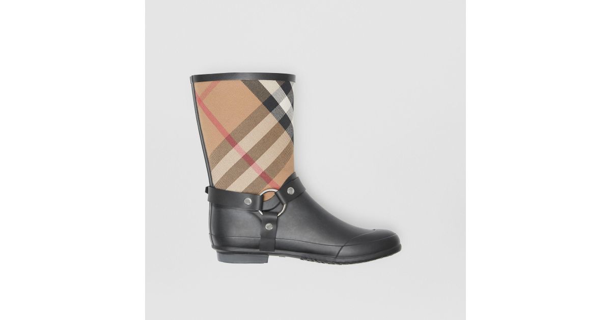 buckle and strap detail check rain boots