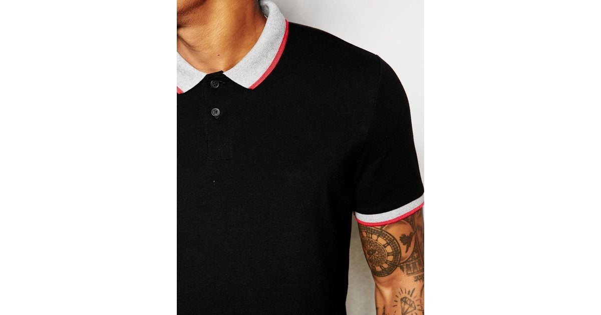 ASOS Polo Shirt With Contrast Collar And Tipping in Black for Men Lyst