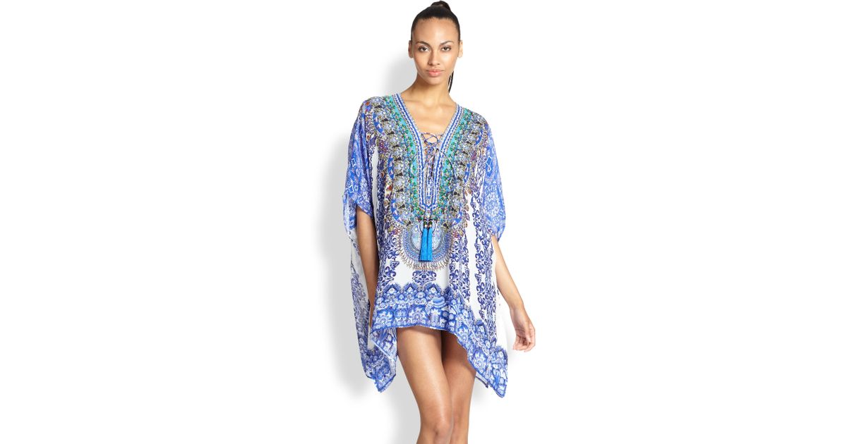 Camilla Silk Chiffon Lace-Up Short Caftan in Blue | Lyst