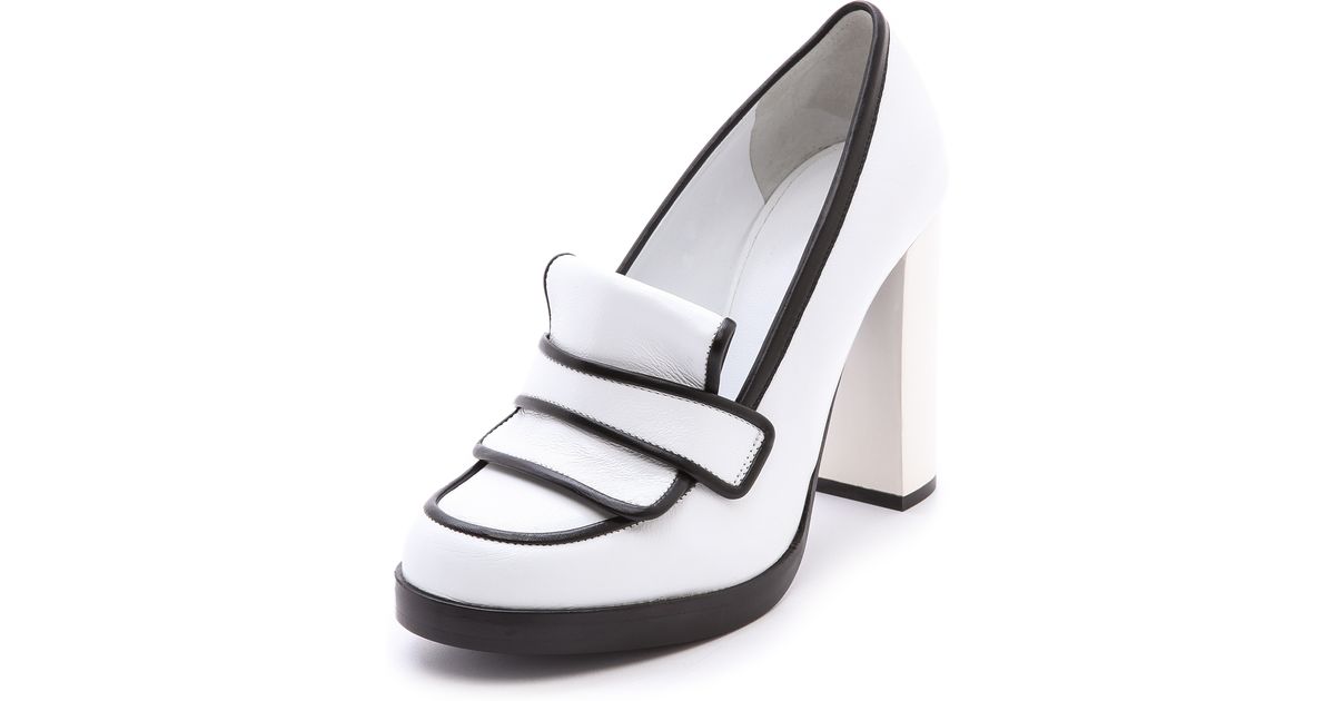 white heeled loafers