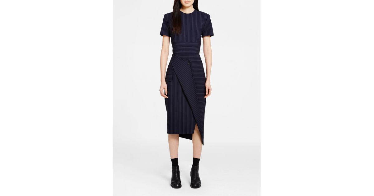 DKNY Wool Pinstripe Wrap Dress in Black 