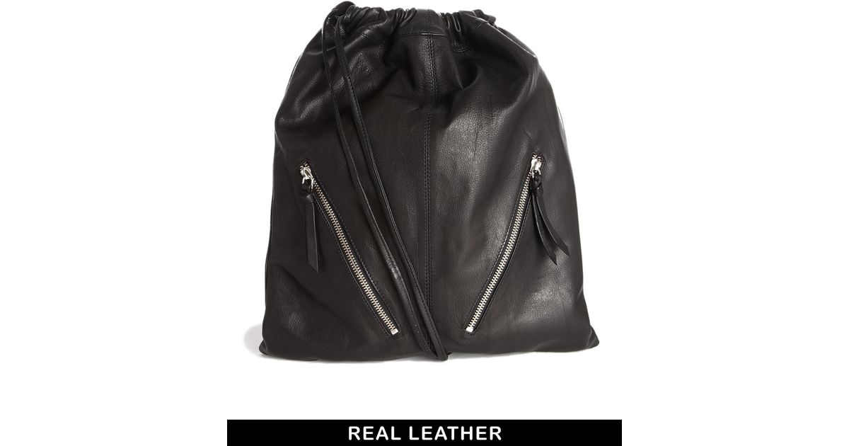 ASOS Leather Drawstring Backpack With Double Zips in Black Lyst