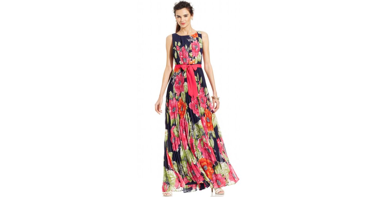 Eliza J Sleeveless Floral Pleated Maxi Dress in Red | Lyst