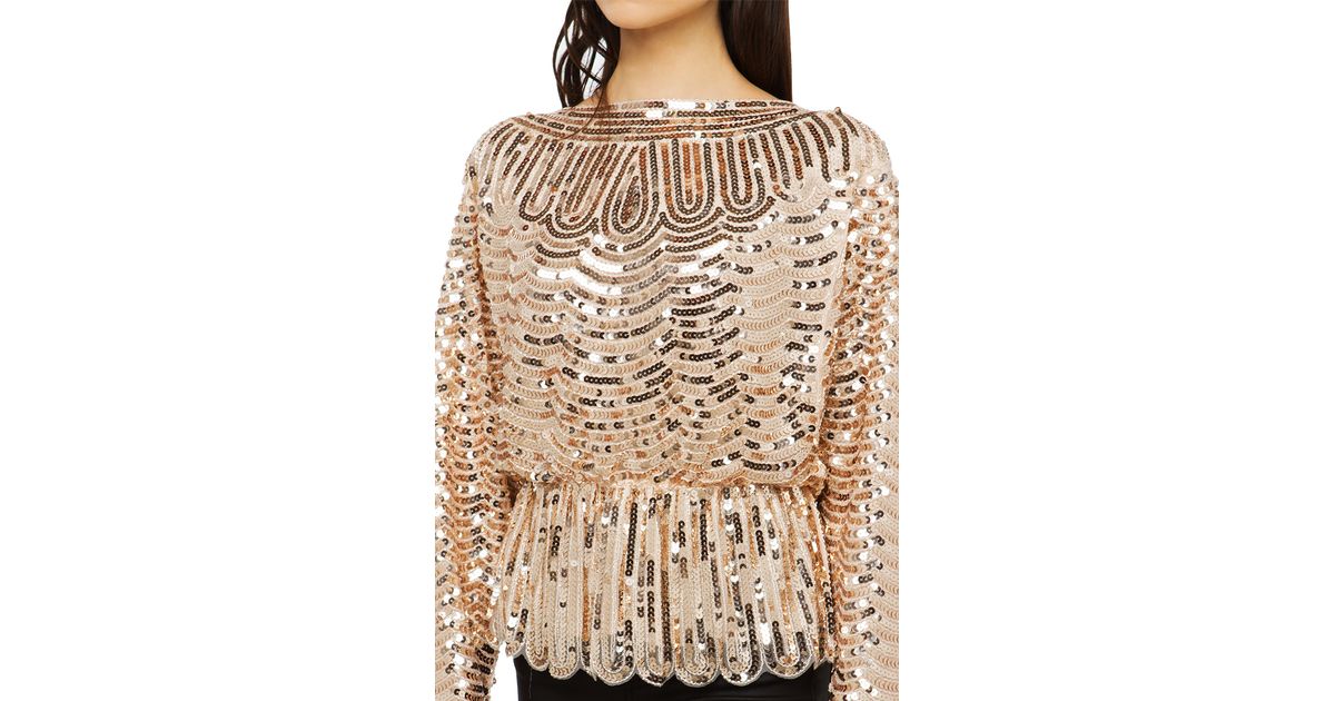 Akira Black Label Sequin Scallop Long Sleeve Top - Rose Gold in Pink | Lyst