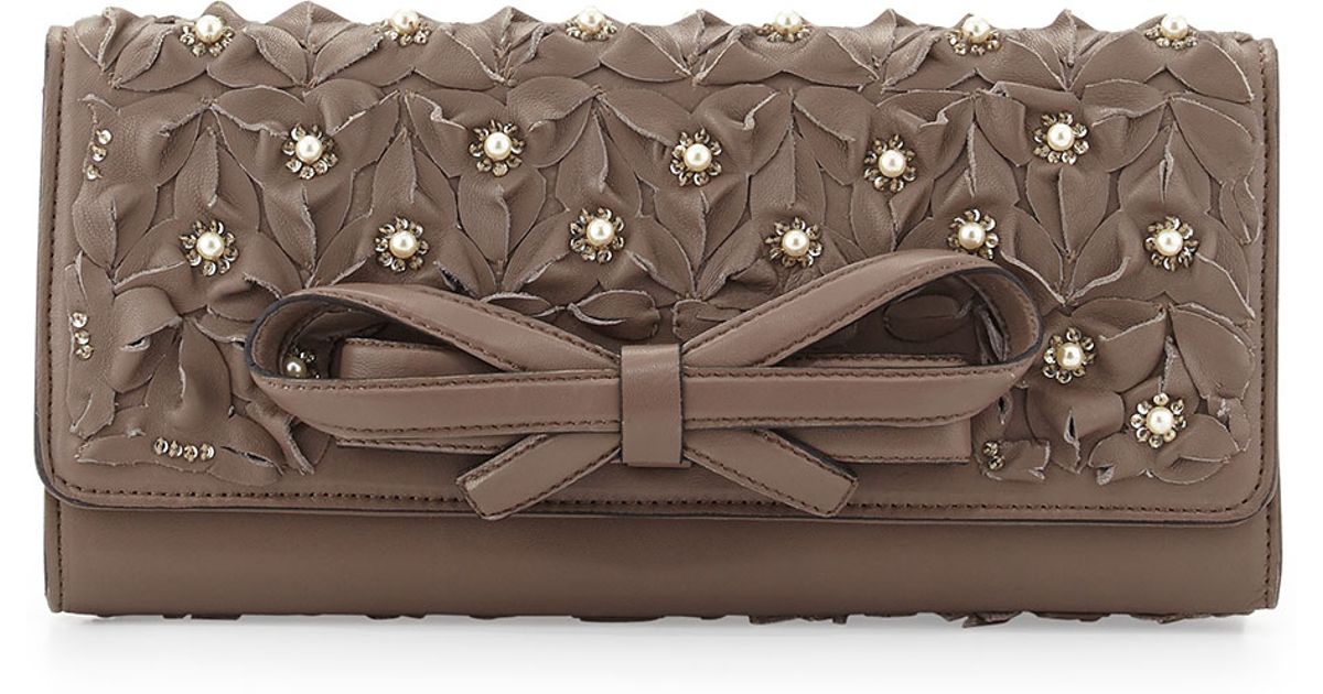 Valentino Embellished Leather Large Evening Clutch Bag in Gray (taupe