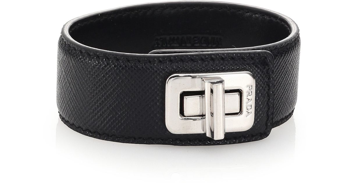 Lyst Prada Saffiano Leather Turnlock Cuff Bracelet In Black For Men