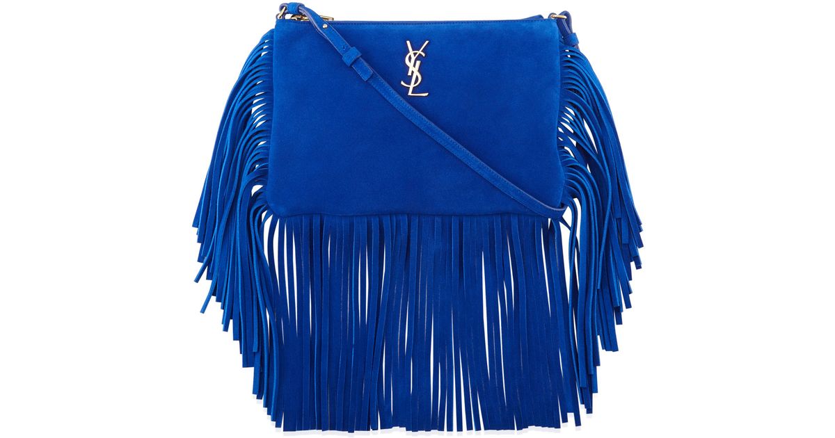 Saint laurent Monogram Small Suede Fringed Cross-Body Bag in Blue ...